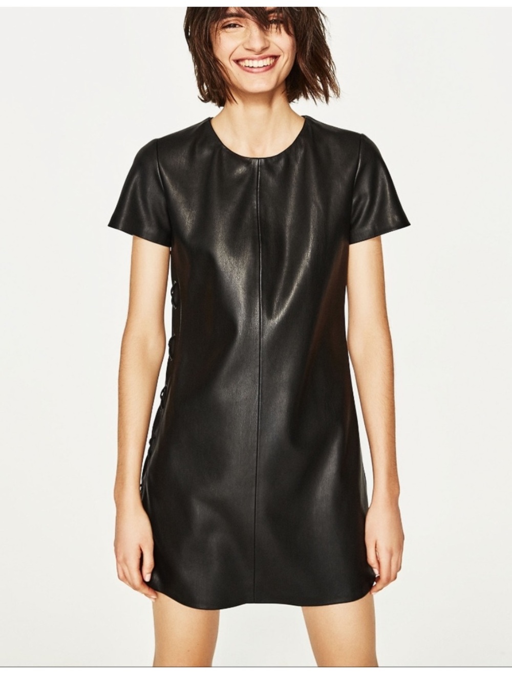 Zara Black Faux Leather Lace-Up Side Mini Shift Dress - Size Large
